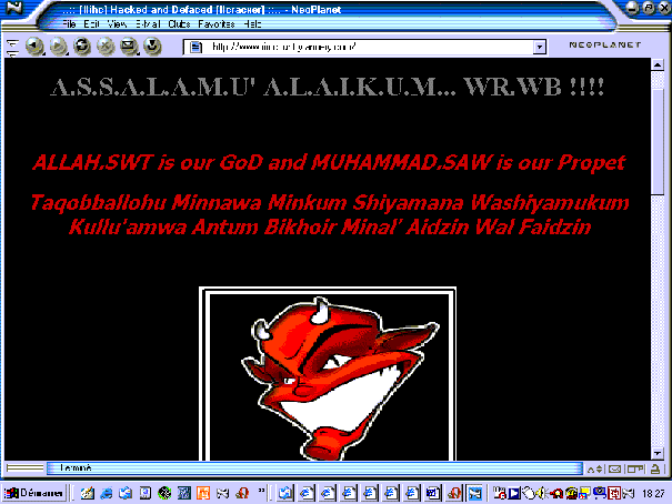 Le début de la page laissée par les hackers sur les sites attaqués (6.12.2002)...